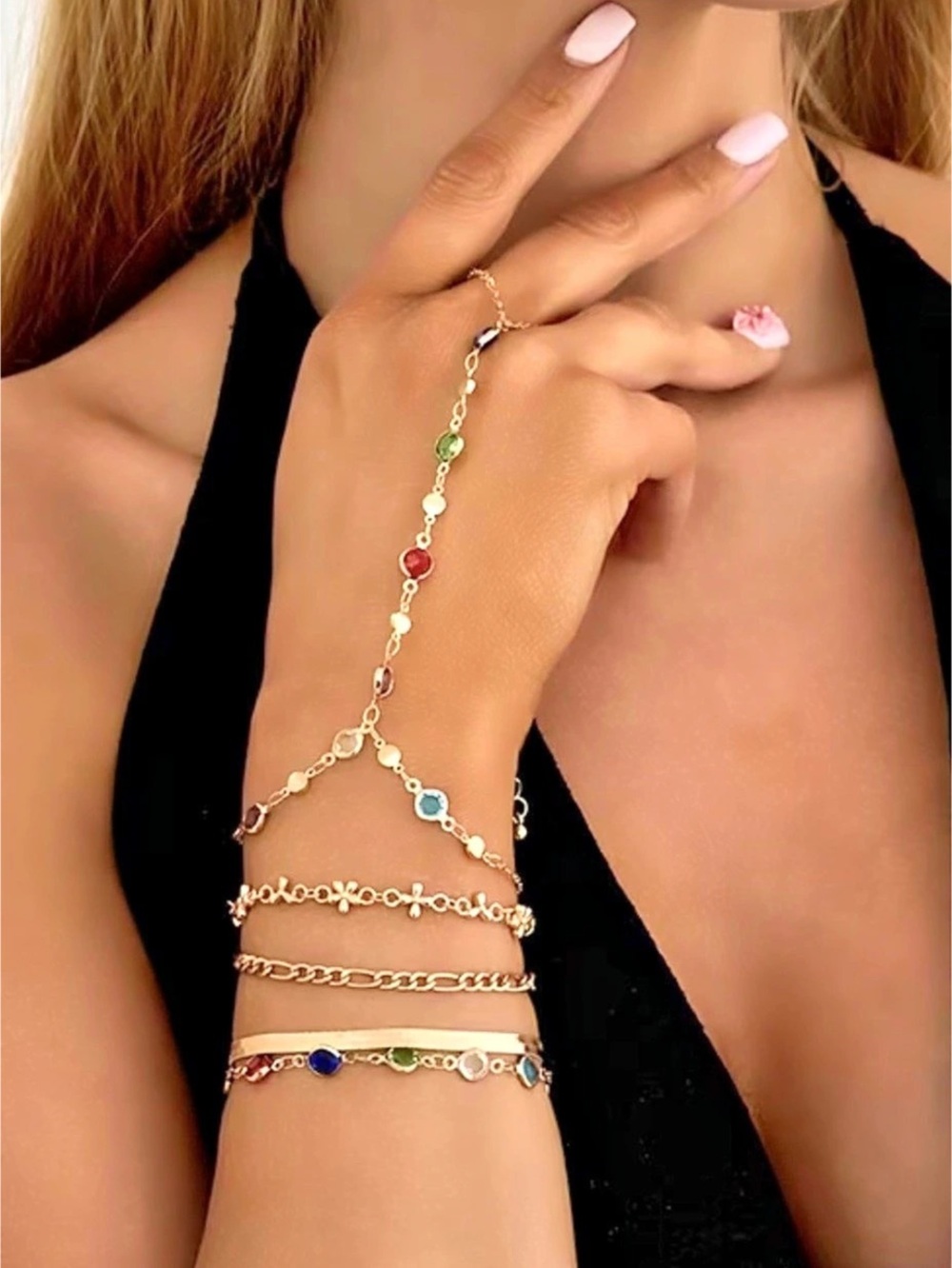 Fashionable Minimalist Luxury Crystal Knuckle Hand Chain, Bohemian Metal Chain
